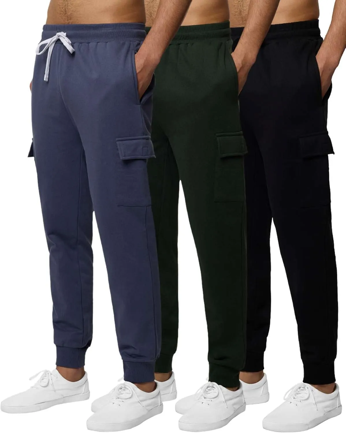 3 Pack: Men's Cotton Fleece Cargo Jogger Sweatpants with Pockets