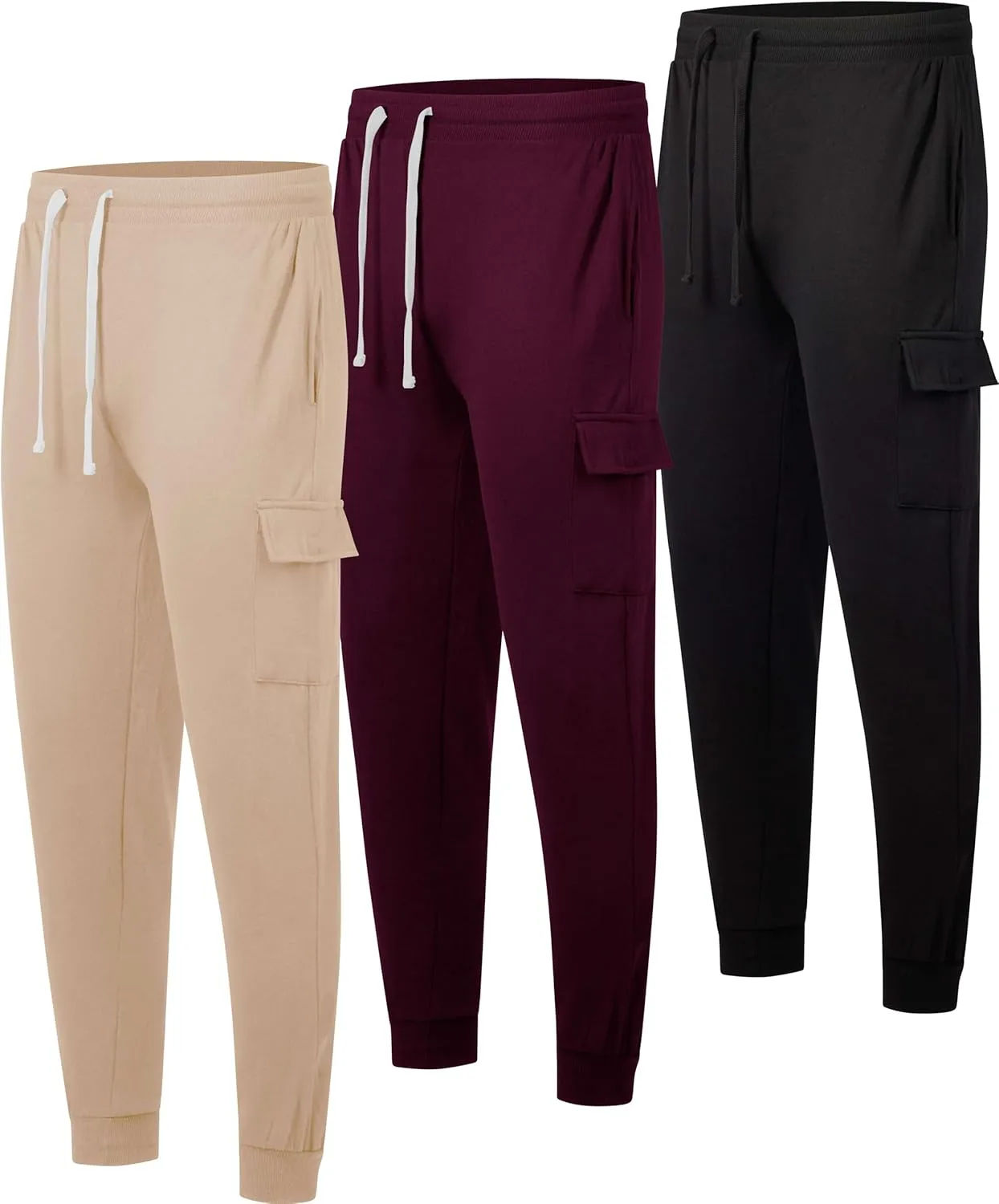 3 Pack: Men's Cotton Fleece Cargo Jogger Sweatpants with Pockets