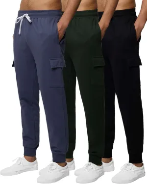 3 Pack: Men's Cotton Fleece Cargo Jogger Sweatpants with Pockets
