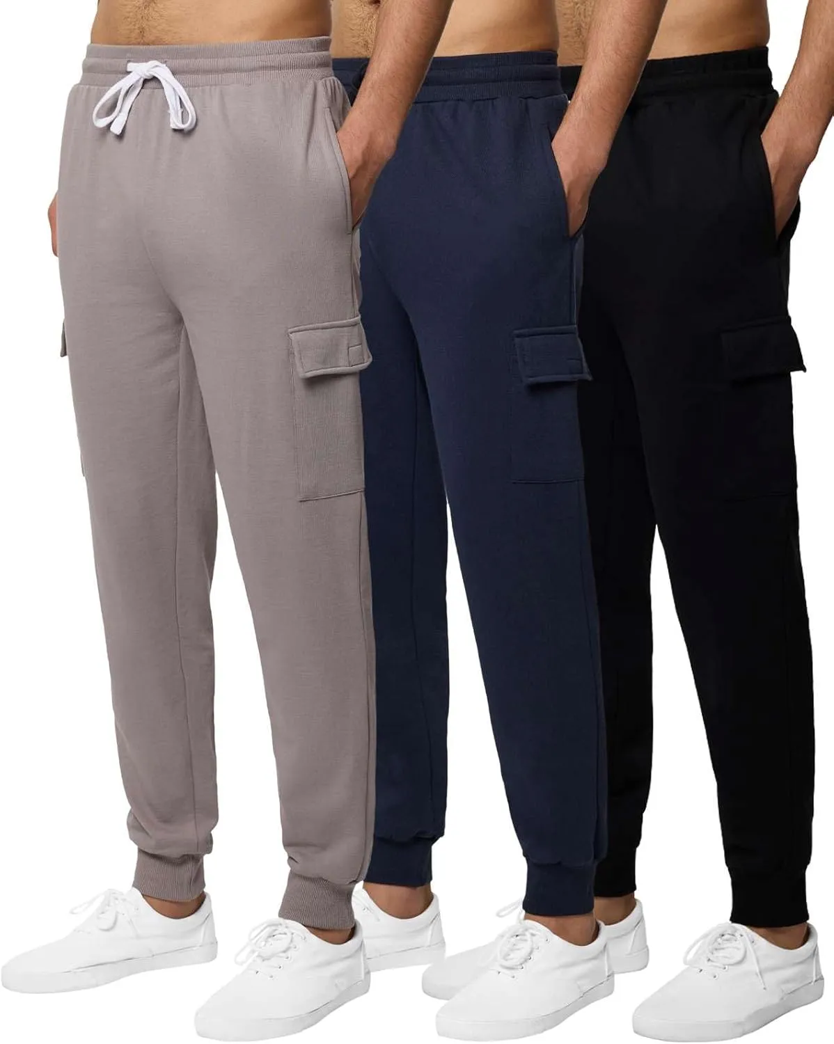 3 Pack: Men's Cotton Fleece Cargo Jogger Sweatpants with Pockets