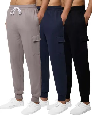 3 Pack: Men's Cotton Fleece Cargo Jogger Sweatpants with Pockets