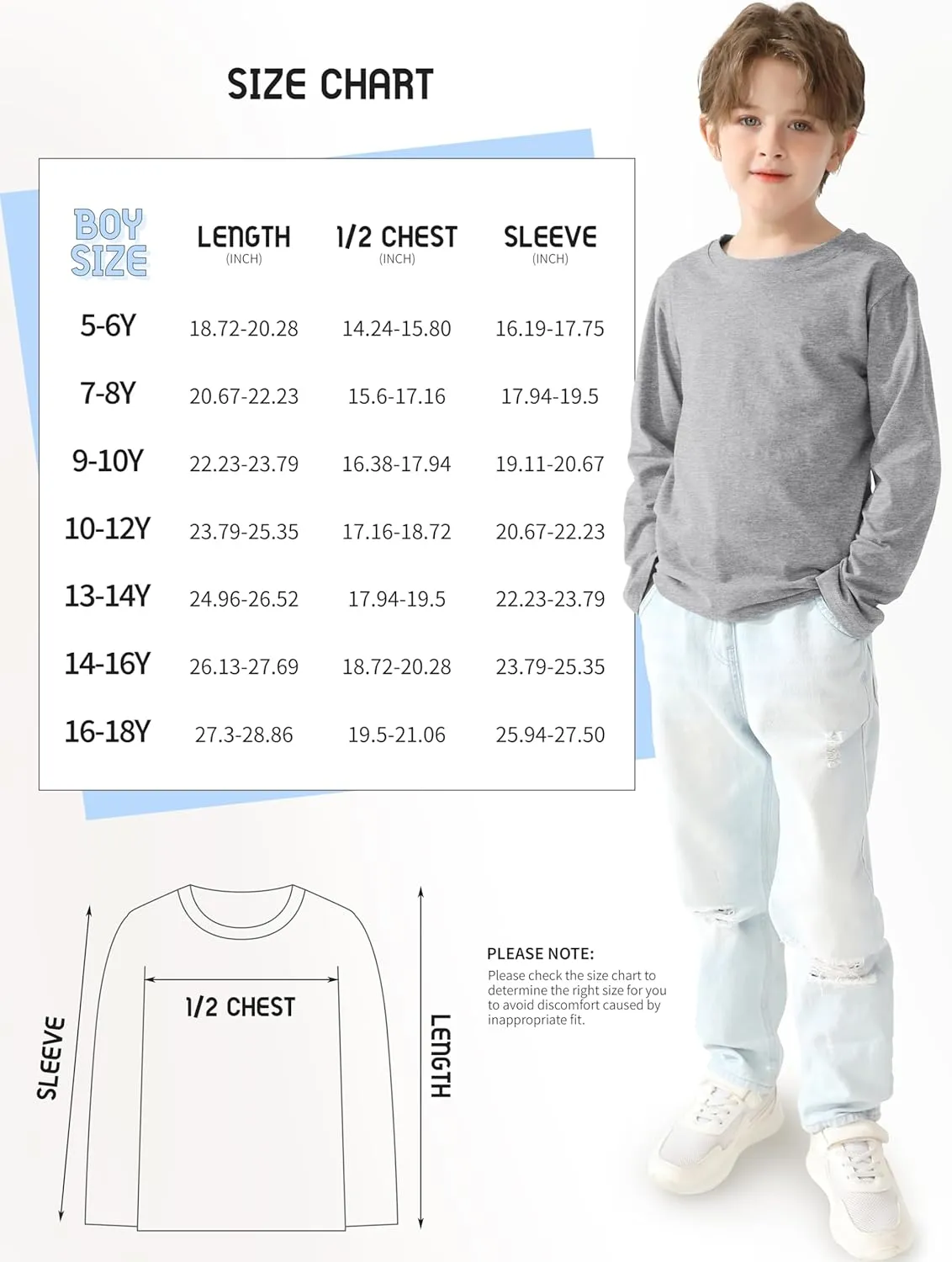 4 Pack Boys Long Sleeve Shirts Soft Cotton Basic Tees Youth Boys Long Sleeve T-Shirts Layering Shirts Tagless
