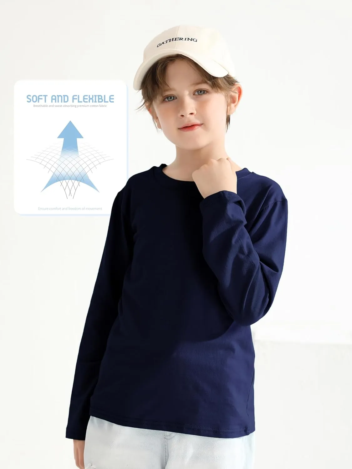 4 Pack Boys Long Sleeve Shirts Soft Cotton Basic Tees Youth Boys Long Sleeve T-Shirts Layering Shirts Tagless