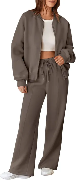 Aleumdr Women's 2 Piece Outfits Oversized Fleece Sweatsuit Zip Up Long Sleeve Sweatshirt with Wide Leg Sweatpants