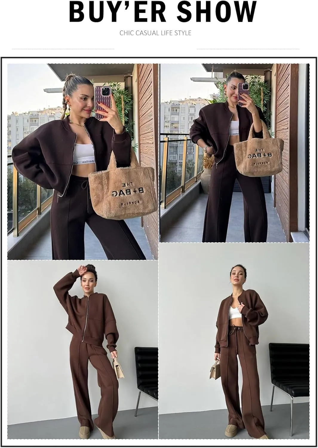 Aleumdr Women's 2 Piece Outfits Oversized Fleece Sweatsuit Zip Up Long Sleeve Sweatshirt with Wide Leg Sweatpants