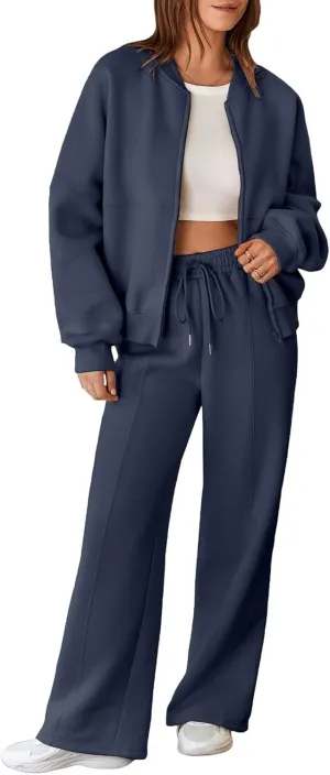 Aleumdr Women's 2 Piece Outfits Oversized Fleece Sweatsuit Zip Up Long Sleeve Sweatshirt with Wide Leg Sweatpants