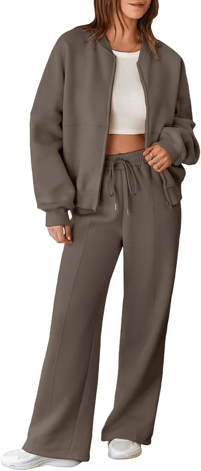 Aleumdr Women's 2 Piece Outfits Oversized Fleece Sweatsuit Zip Up Long Sleeve Sweatshirt with Wide Leg Sweatpants