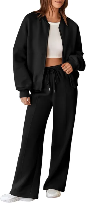 Aleumdr Women's 2 Piece Outfits Oversized Fleece Sweatsuit Zip Up Long Sleeve Sweatshirt with Wide Leg Sweatpants