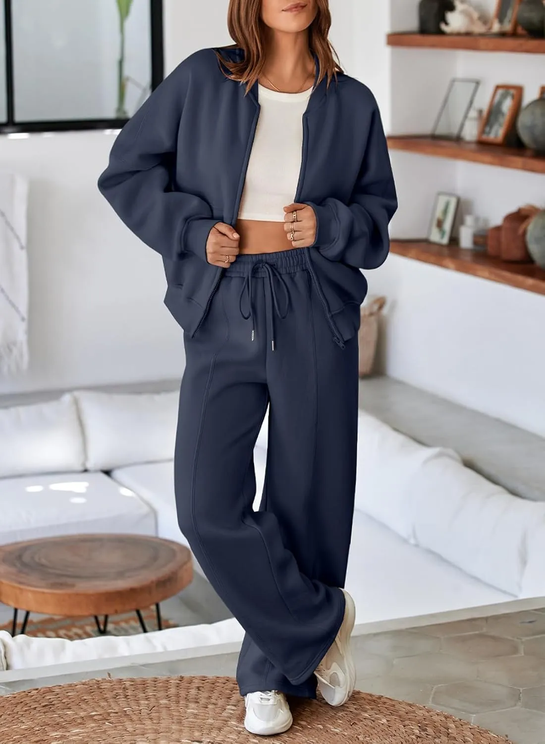 Aleumdr Women's 2 Piece Outfits Oversized Fleece Sweatsuit Zip Up Long Sleeve Sweatshirt with Wide Leg Sweatpants