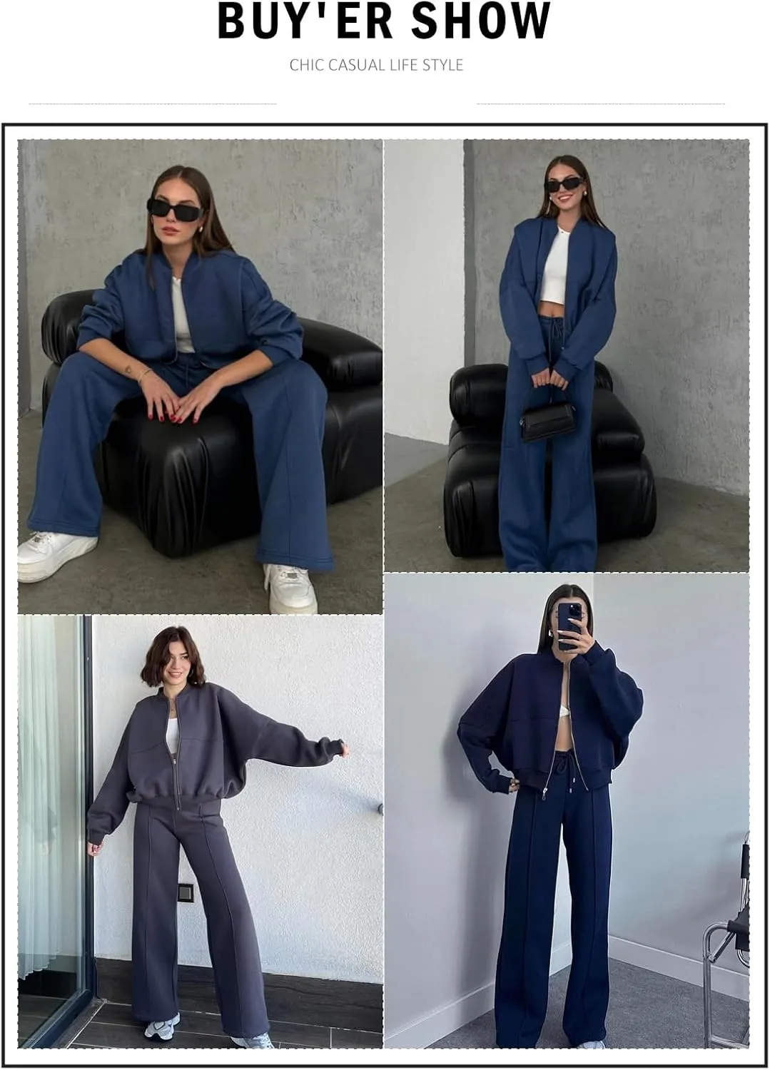 Aleumdr Women's 2 Piece Outfits Oversized Fleece Sweatsuit Zip Up Long Sleeve Sweatshirt with Wide Leg Sweatpants