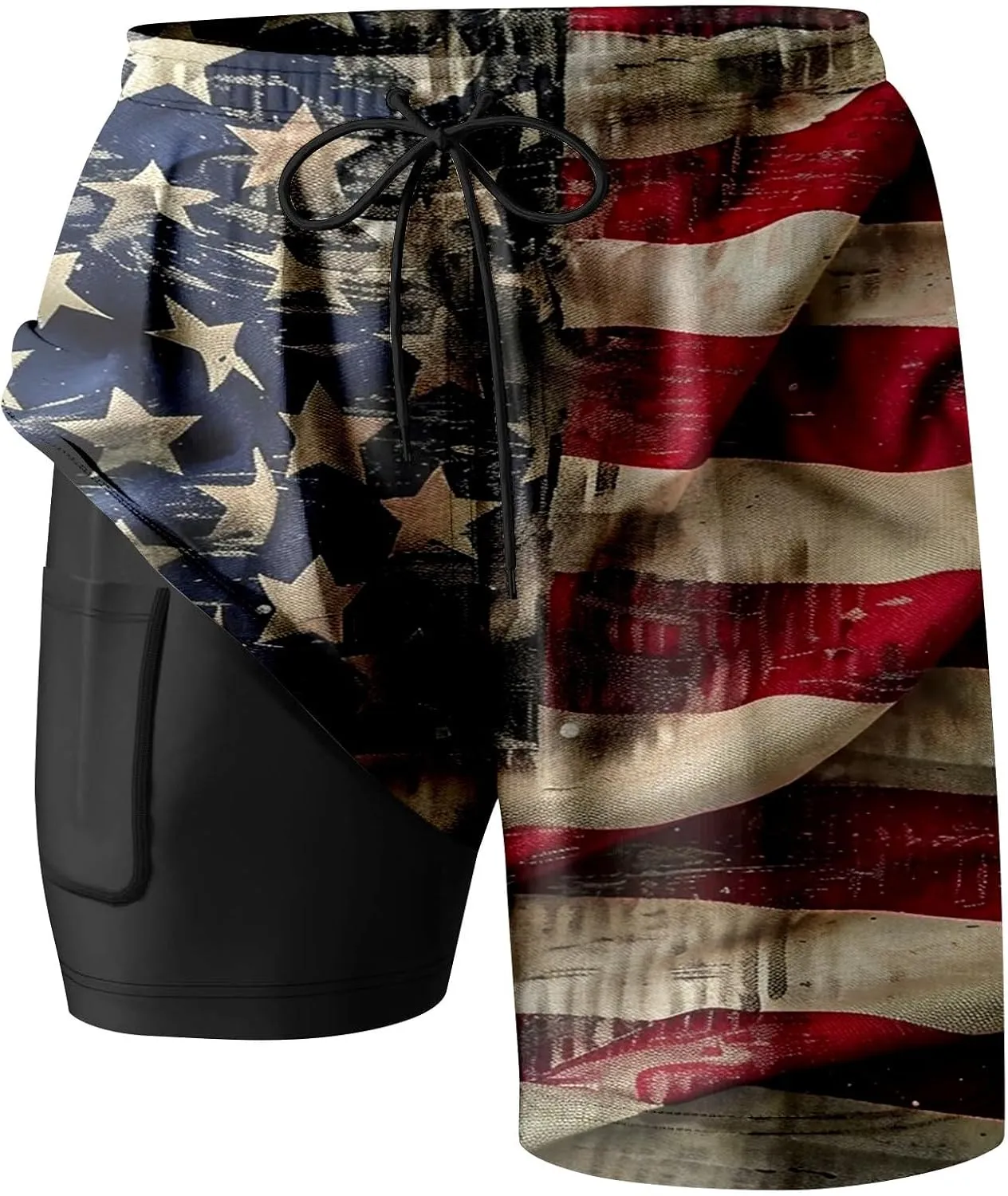 American Flag Men Swim Trunks with Compression Liner 5" Stretch Beach Shorts Quick Dry Board Shorts Swimming Trunks