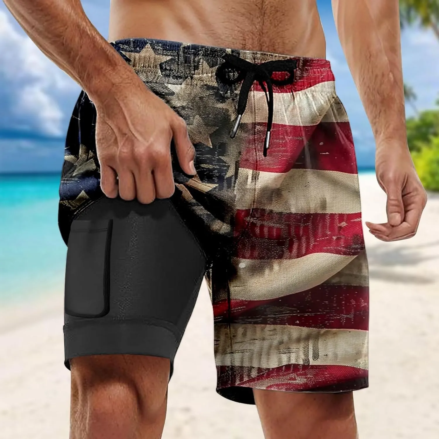 American Flag Men Swim Trunks with Compression Liner 5" Stretch Beach Shorts Quick Dry Board Shorts Swimming Trunks