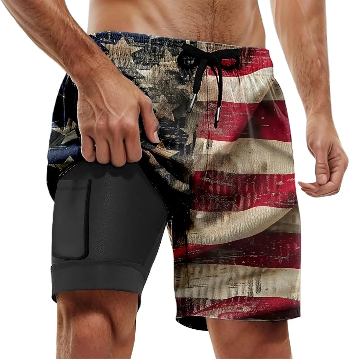 American Flag Men Swim Trunks with Compression Liner 5" Stretch Beach Shorts Quick Dry Board Shorts Swimming Trunks