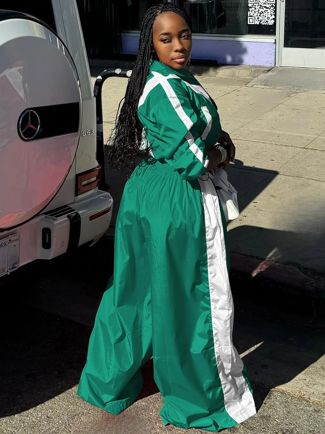 Angsuttc Track Suits for Women Set Color Block Two Piece Long Sleeve Cropped Jacket and Wide Leg Pants Outfits