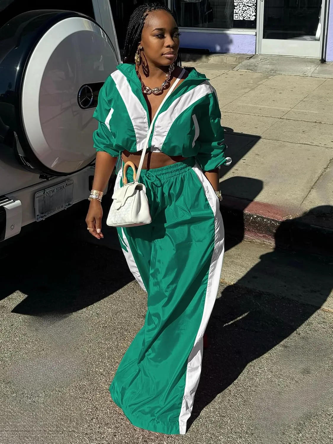 Angsuttc Track Suits for Women Set Color Block Two Piece Long Sleeve Cropped Jacket and Wide Leg Pants Outfits