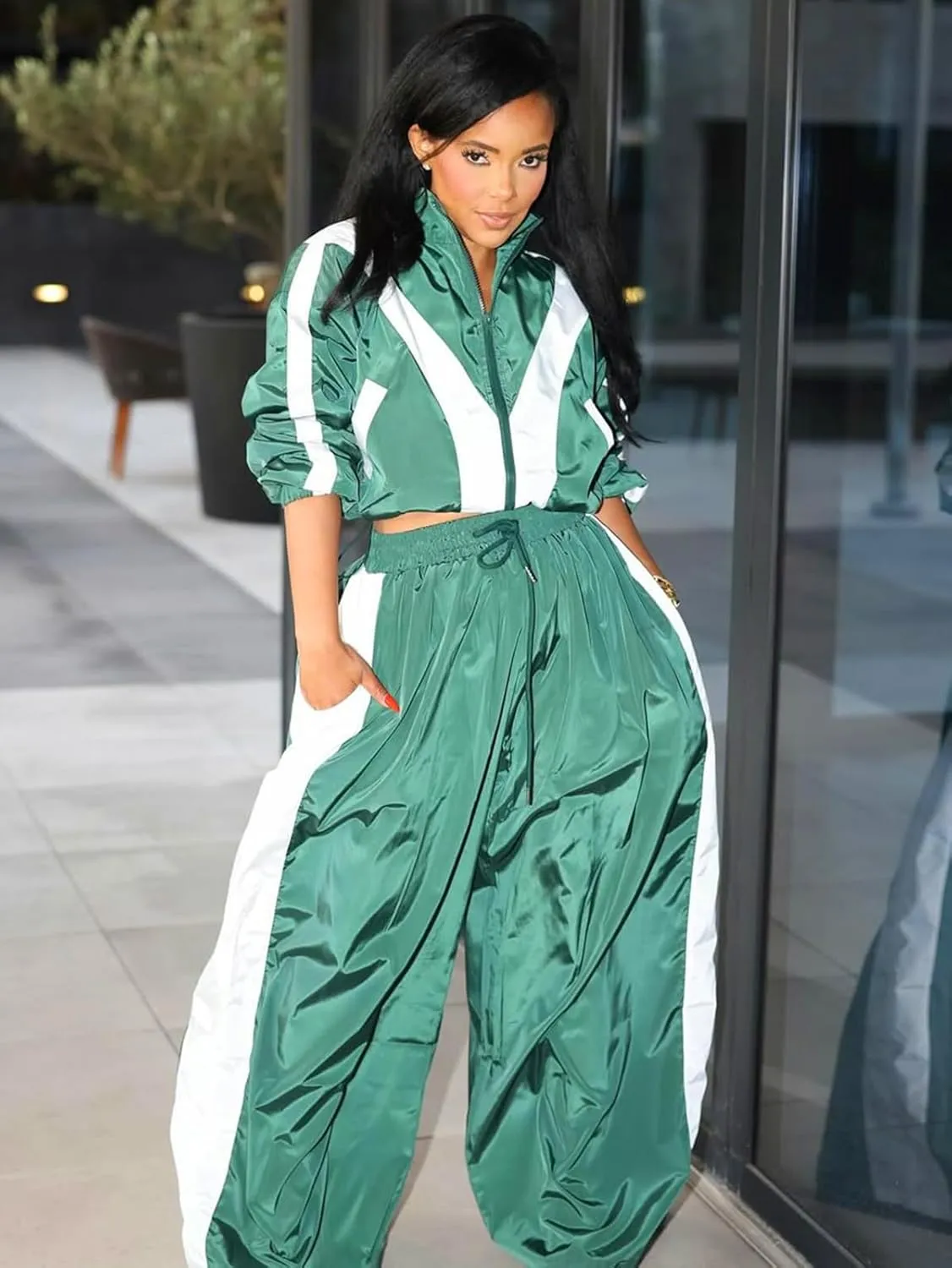 Angsuttc Track Suits for Women Set Color Block Two Piece Long Sleeve Cropped Jacket and Wide Leg Pants Outfits