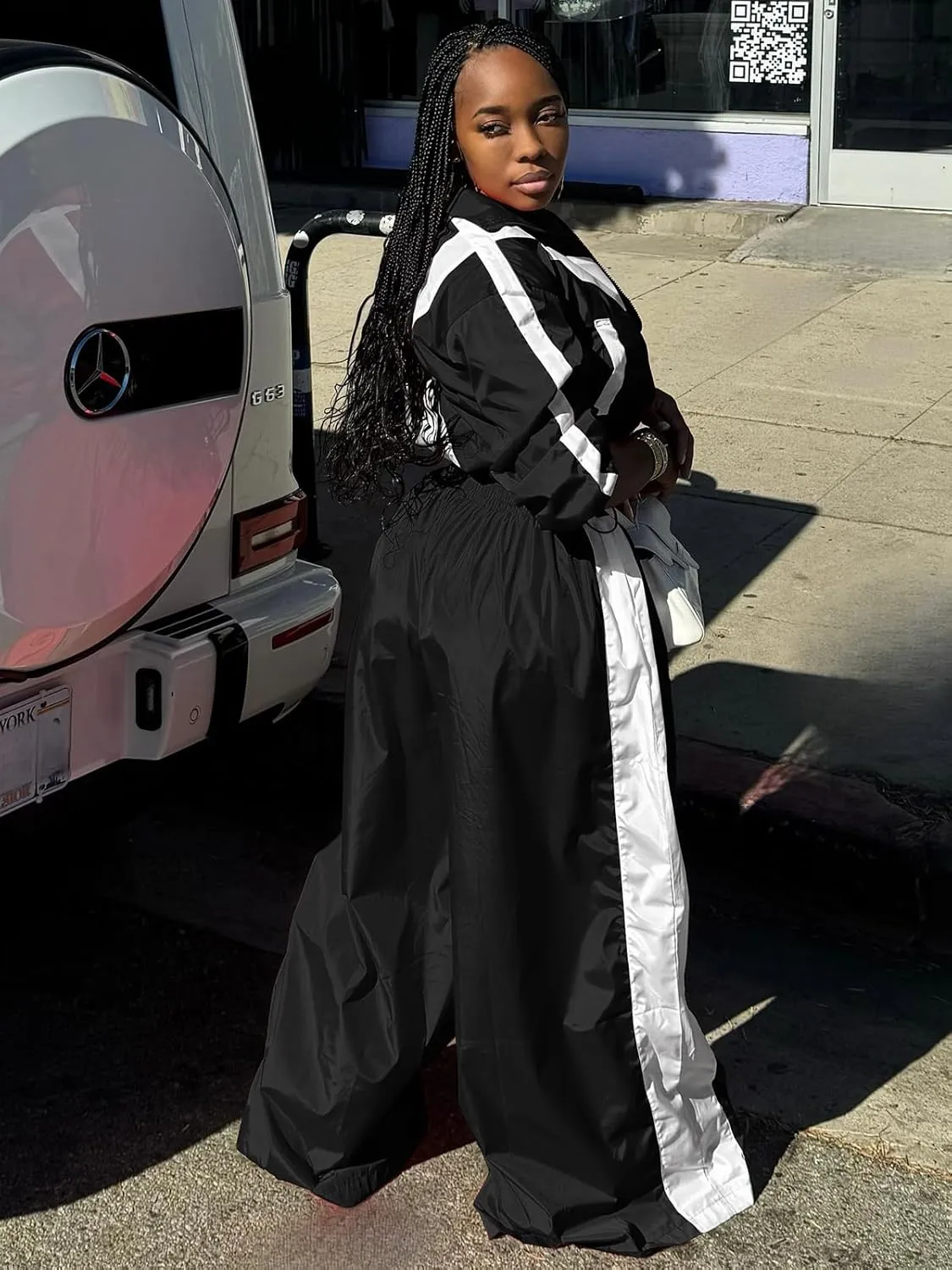 Angsuttc Track Suits for Women Set Color Block Two Piece Long Sleeve Cropped Jacket and Wide Leg Pants Outfits