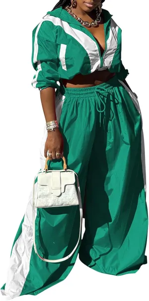 Angsuttc Track Suits for Women Set Color Block Two Piece Long Sleeve Cropped Jacket and Wide Leg Pants Outfits