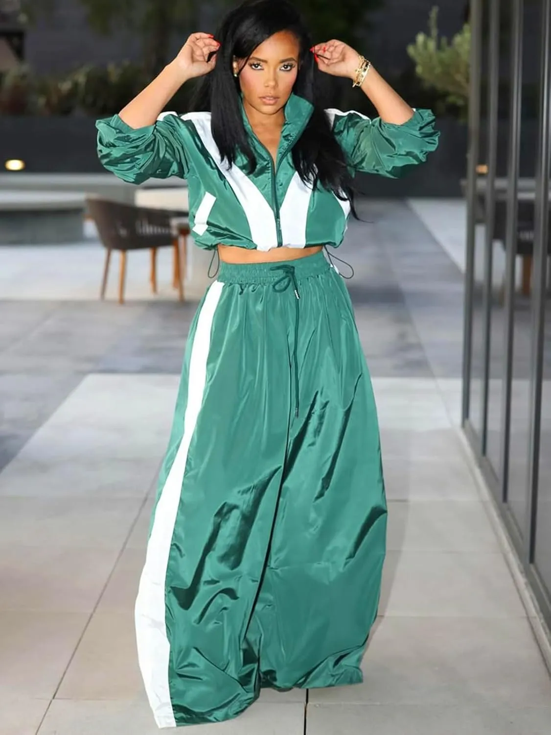 Angsuttc Track Suits for Women Set Color Block Two Piece Long Sleeve Cropped Jacket and Wide Leg Pants Outfits