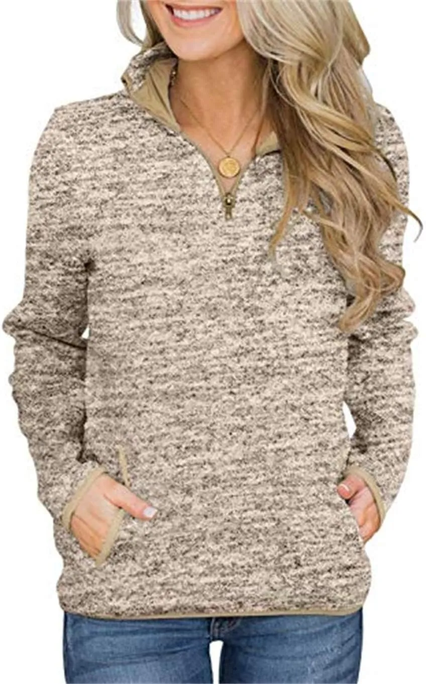 Artfish Women's Women Quarter Zip Casual Pullovers Lightweight Fleece Sweatshirts with Pockets