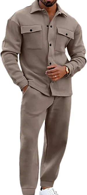 Athleisure 2-Piece Suede Set,Mens 2 Pieces Loose Casual Suits Long Sleeve Button Down Shirt Jacket Jogging Pants Set
