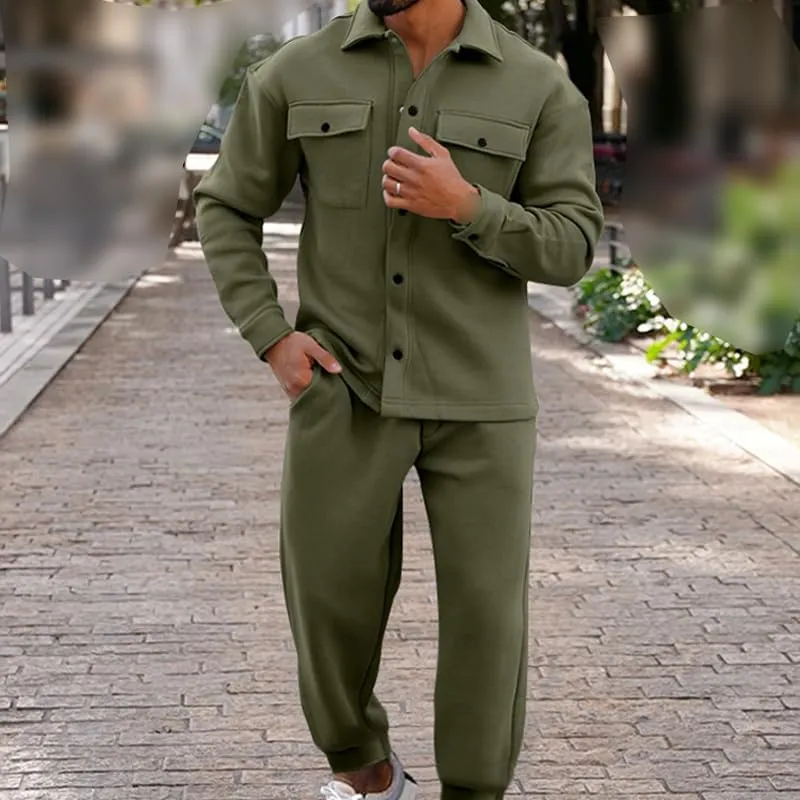 Athleisure 2-Piece Suede Set,Mens 2 Pieces Loose Casual Suits Long Sleeve Button Down Shirt Jacket Jogging Pants Set
