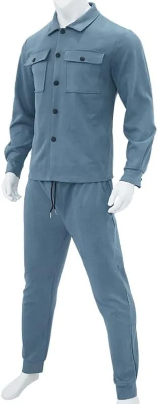 Athleisure 2-Piece Suede Set,Mens 2 Pieces Loose Casual Suits Long Sleeve Button Down Shirt Jacket Jogging Pants Set