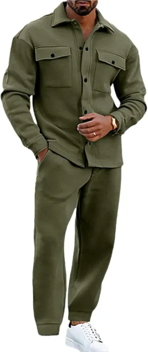 Athleisure 2-Piece Suede Set,Mens 2 Pieces Loose Casual Suits Long Sleeve Button Down Shirt Jacket Jogging Pants Set