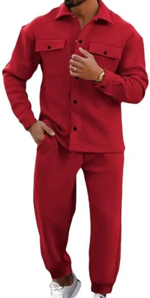 Athleisure 2-Piece Suede Set,Mens 2 Pieces Loose Casual Suits Long Sleeve Button Down Shirt Jacket Jogging Pants Set