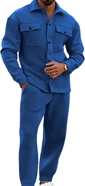 Athleisure 2-Piece Suede Set,Mens 2 Pieces Loose Casual Suits Long Sleeve Button Down Shirt Jacket Jogging Pants Set