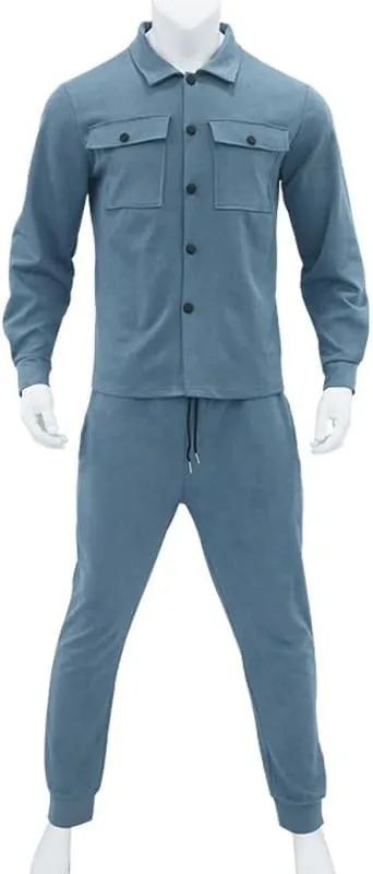 Athleisure 2-Piece Suede Set,Mens 2 Pieces Loose Casual Suits Long Sleeve Button Down Shirt Jacket Jogging Pants Set