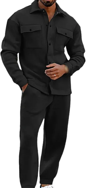 Athleisure 2-Piece Suede Set,Mens 2 Pieces Loose Casual Suits Long Sleeve Button Down Shirt Jacket Jogging Pants Set