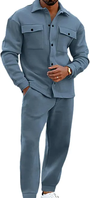 Athleisure 2-Piece Suede Set,Mens 2 Pieces Loose Casual Suits Long Sleeve Button Down Shirt Jacket Jogging Pants Set