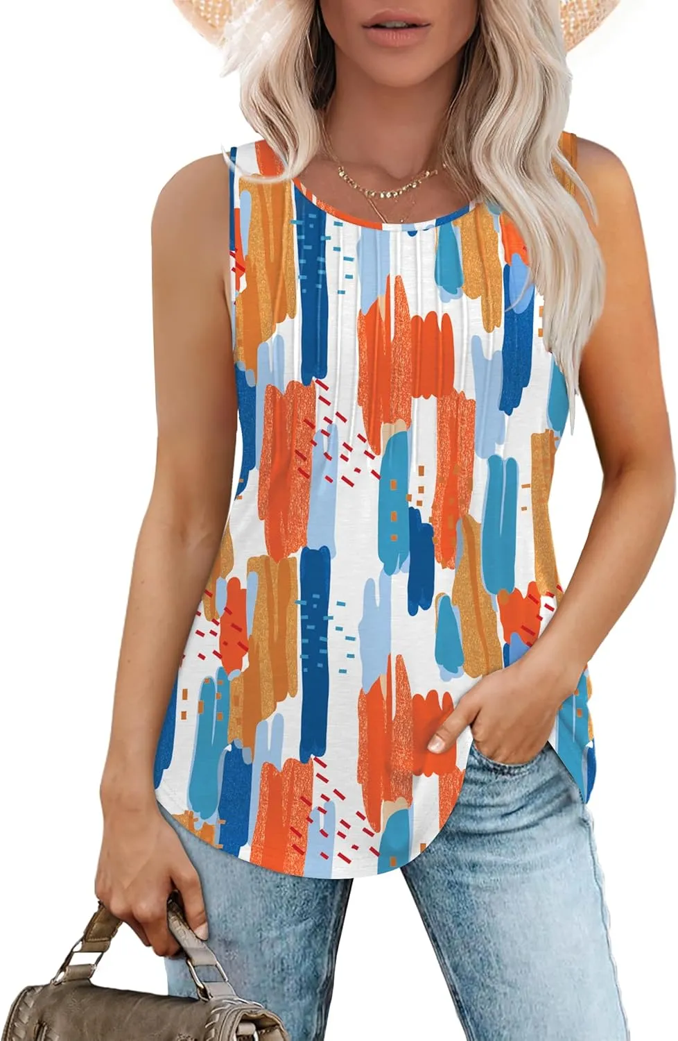 Besshopie Womens Summer Tank Tops Pleated Round Neck Sleeveless Tops for Women Casual Flowy