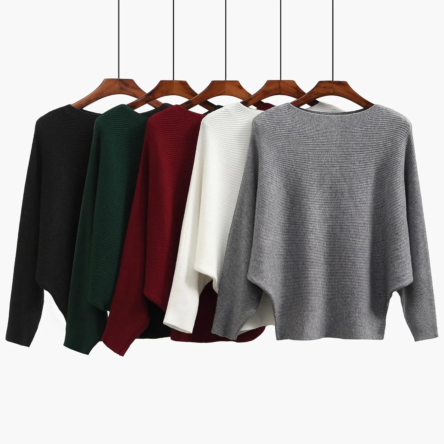 Blostirno Women's Boat Neck Batwing Sleeves Dolman Ribbed Knitted Sweaters Pullovers Tops