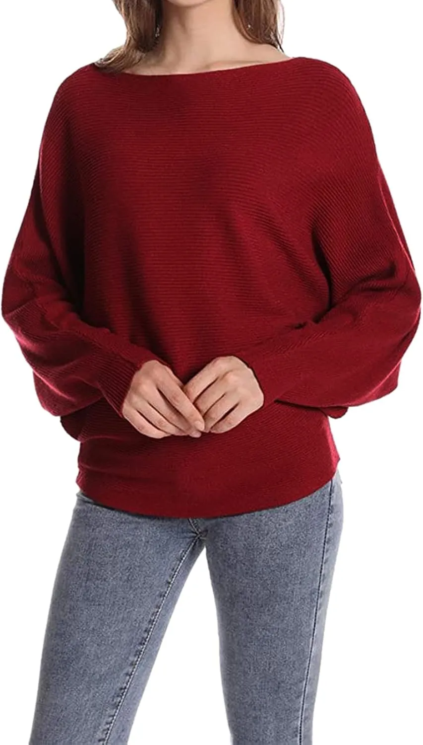 Blostirno Women's Boat Neck Batwing Sleeves Dolman Ribbed Knitted Sweaters Pullovers Tops