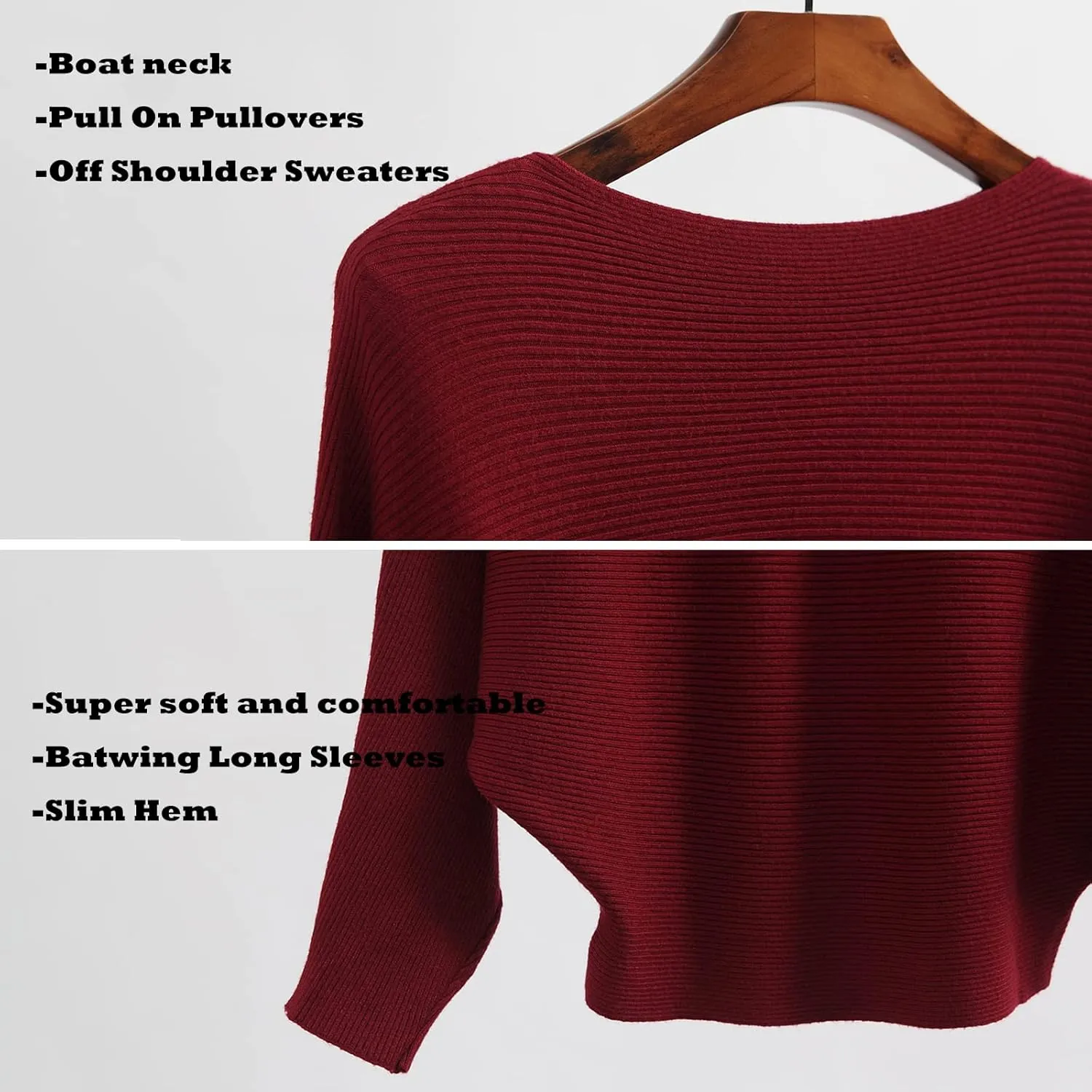 Blostirno Women's Boat Neck Batwing Sleeves Dolman Ribbed Knitted Sweaters Pullovers Tops