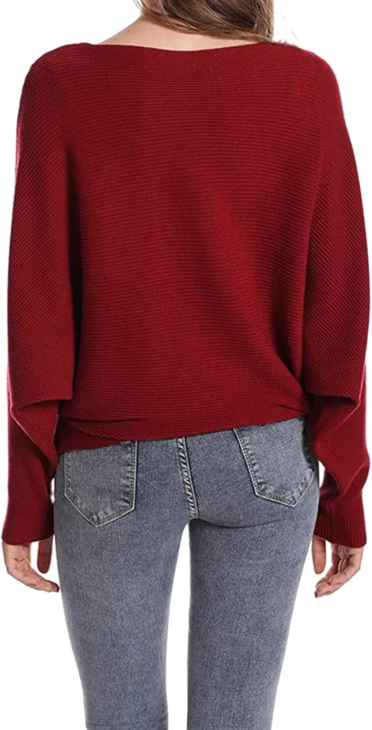 Blostirno Women's Boat Neck Batwing Sleeves Dolman Ribbed Knitted Sweaters Pullovers Tops