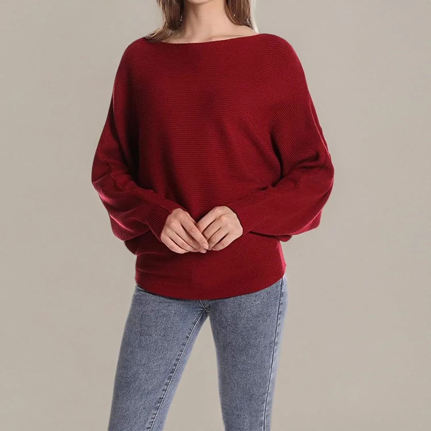 Blostirno Women's Boat Neck Batwing Sleeves Dolman Ribbed Knitted Sweaters Pullovers Tops
