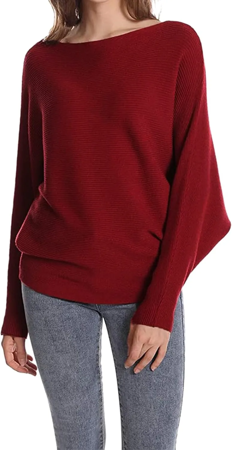 Blostirno Women's Boat Neck Batwing Sleeves Dolman Ribbed Knitted Sweaters Pullovers Tops