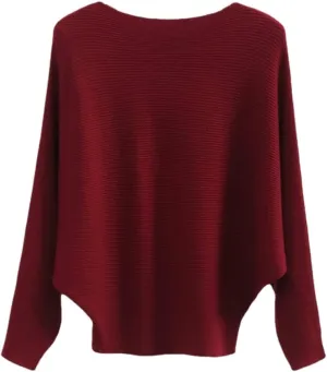 Blostirno Women's Boat Neck Batwing Sleeves Dolman Ribbed Knitted Sweaters Pullovers Tops