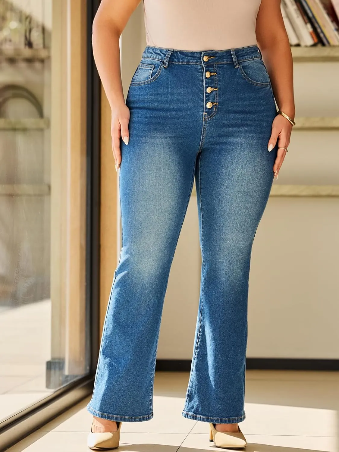 Boot Cut Jeans for Woman Stretch Jeans with high Waisted & Womens Bootcut Jeans with a 4 Button Closure （Standard）