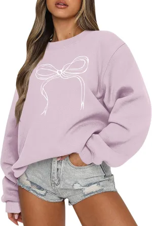 Bow Sweater Women Coquette Clothes, Sweatshirts For Teen Girls Clean Girl Holiday Shirt Crewneck Long Sleeve Pullover