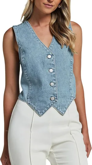 Bowanadacles Women Trendy Denim Vest Sleeveless Jean Vest Top Button Front Denim Waistcoat Going Out Vest Denim Tank Top