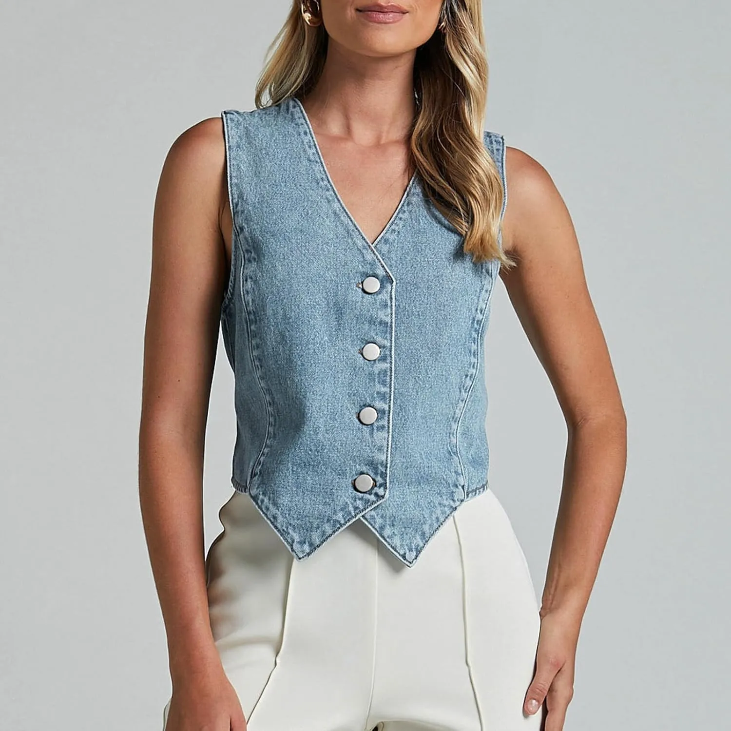 Bowanadacles Women Trendy Denim Vest Sleeveless Jean Vest Top Button Front Denim Waistcoat Going Out Vest Denim Tank Top