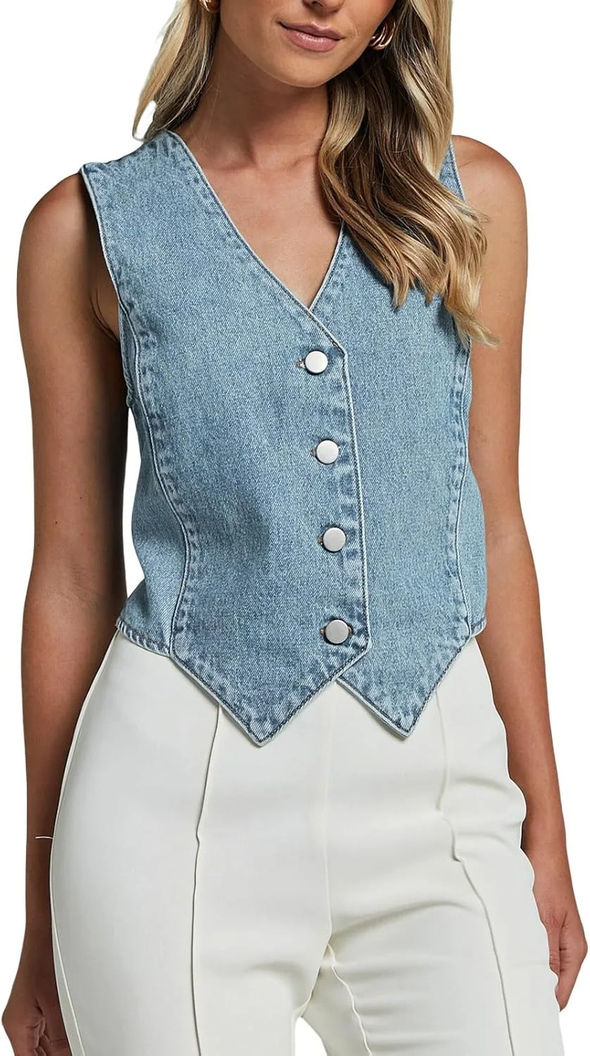 Bowanadacles Women Trendy Denim Vest Sleeveless Jean Vest Top Button Front Denim Waistcoat Going Out Vest Denim Tank Top