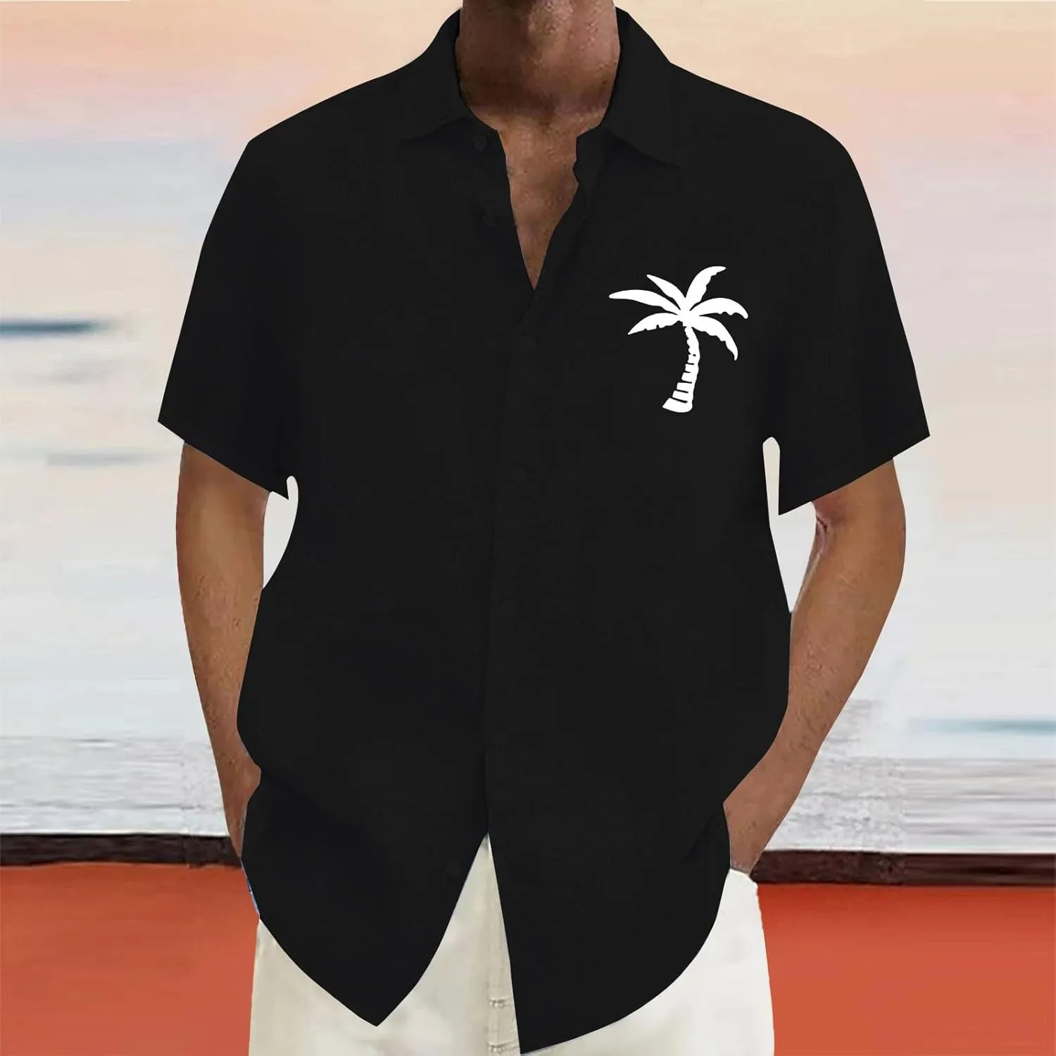 Button Down Hawaiian Shirt for Men Short Sleeve Casual Cotton Linen Summer Beach Vacation Tropical Wedding Shirts