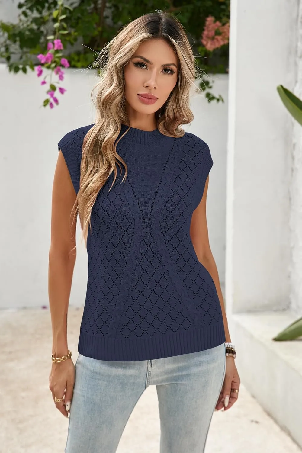 Cakulo Womens Crochet Cap Sleeve Summer Tops 2025 Sleeveless Cable Knit Sweater Vest Tank Tops