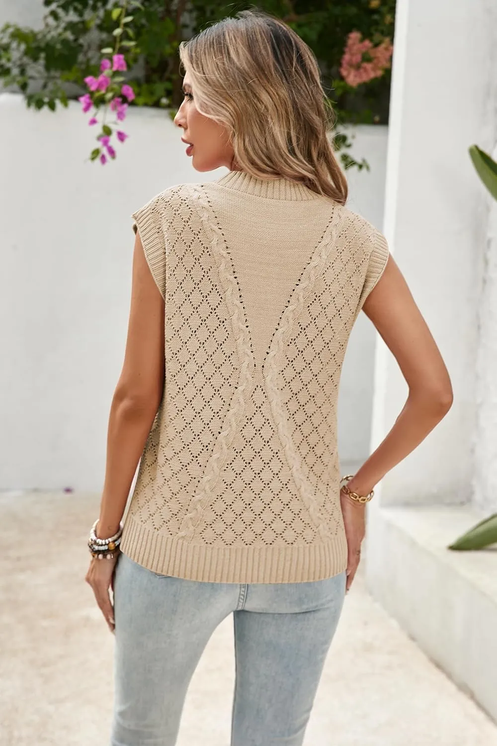 Cakulo Womens Crochet Cap Sleeve Summer Tops 2025 Sleeveless Cable Knit Sweater Vest Tank Tops