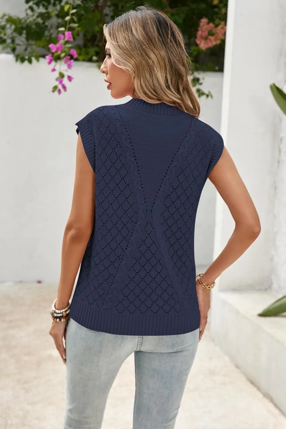 Cakulo Womens Crochet Cap Sleeve Summer Tops 2025 Sleeveless Cable Knit Sweater Vest Tank Tops